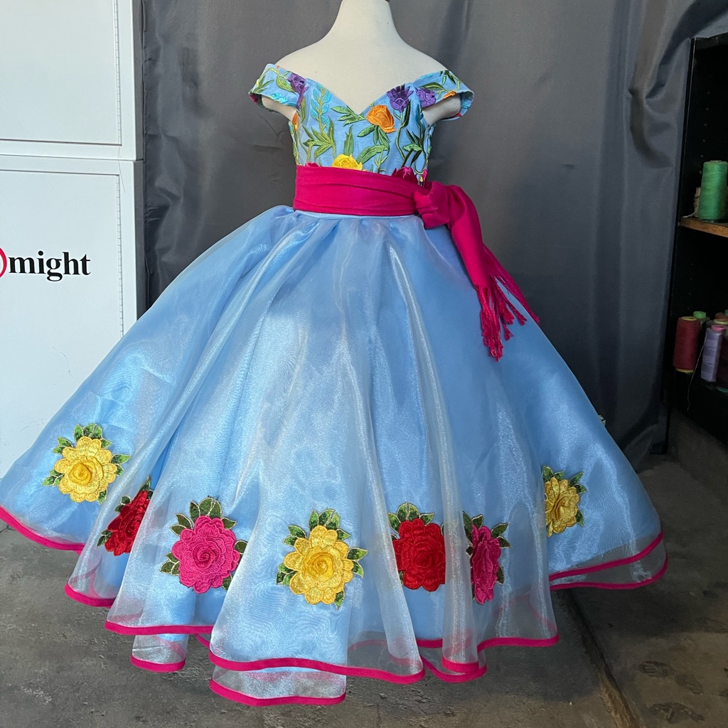 Floral Embroidered Blue Dress With Pink Sash